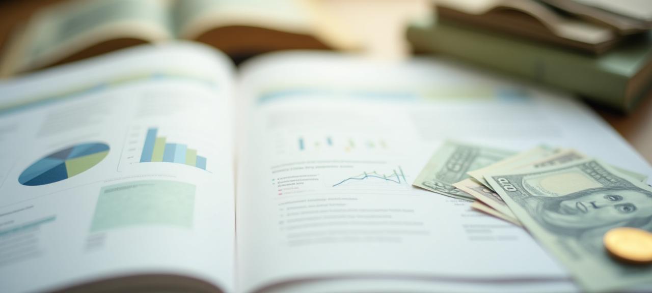 Soft-lit overhead shot of financial planning books, multi-currency notes, and charts with natural light cast